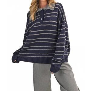 NEW KLESIS stripe collar sweater in navy